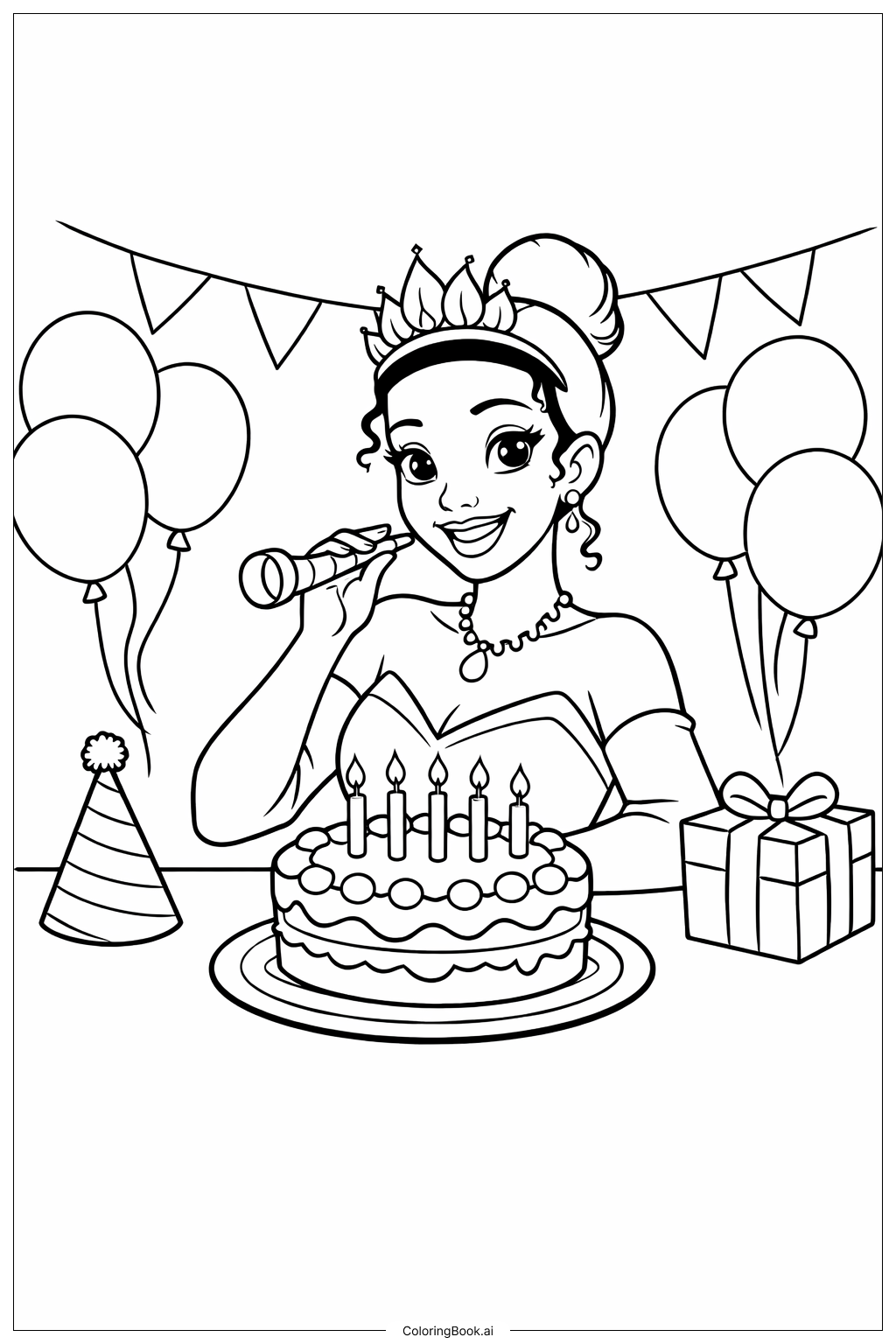  Page de coloriage Tiana à la fête d'anniversaire 