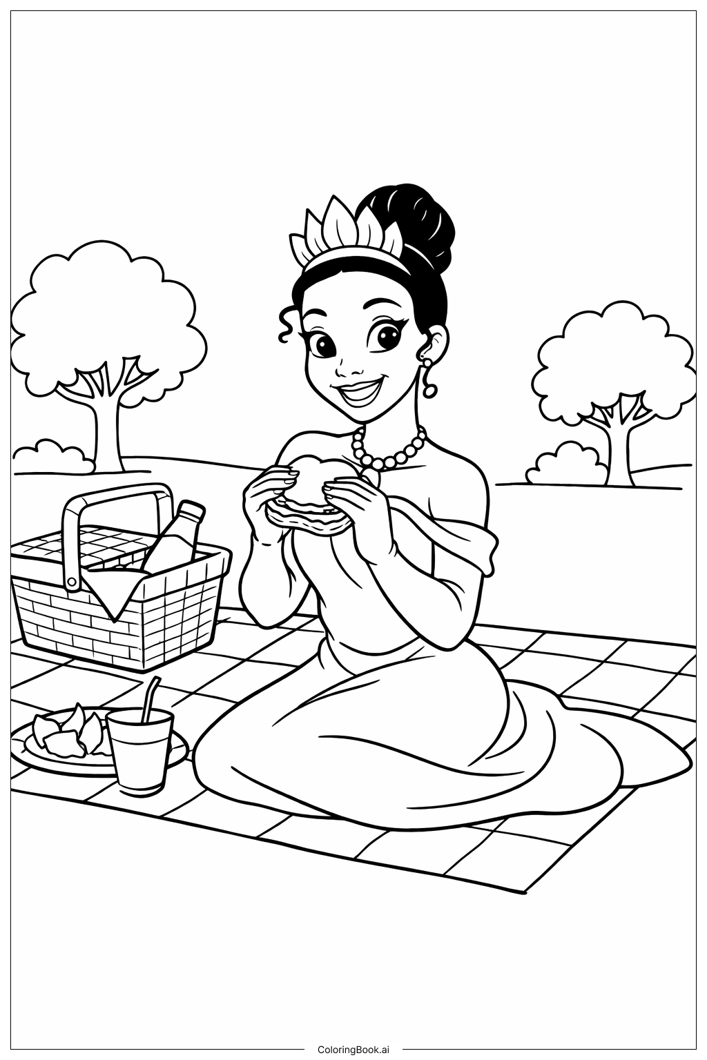  Page de coloriage Tiana au pique-nique 