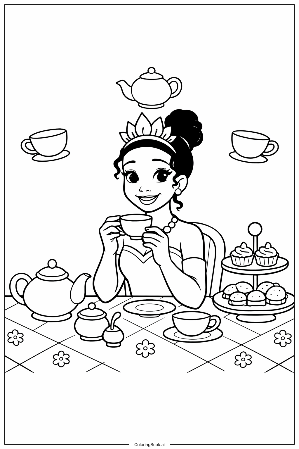  Page de coloriage Tiana à la fête du thé 
