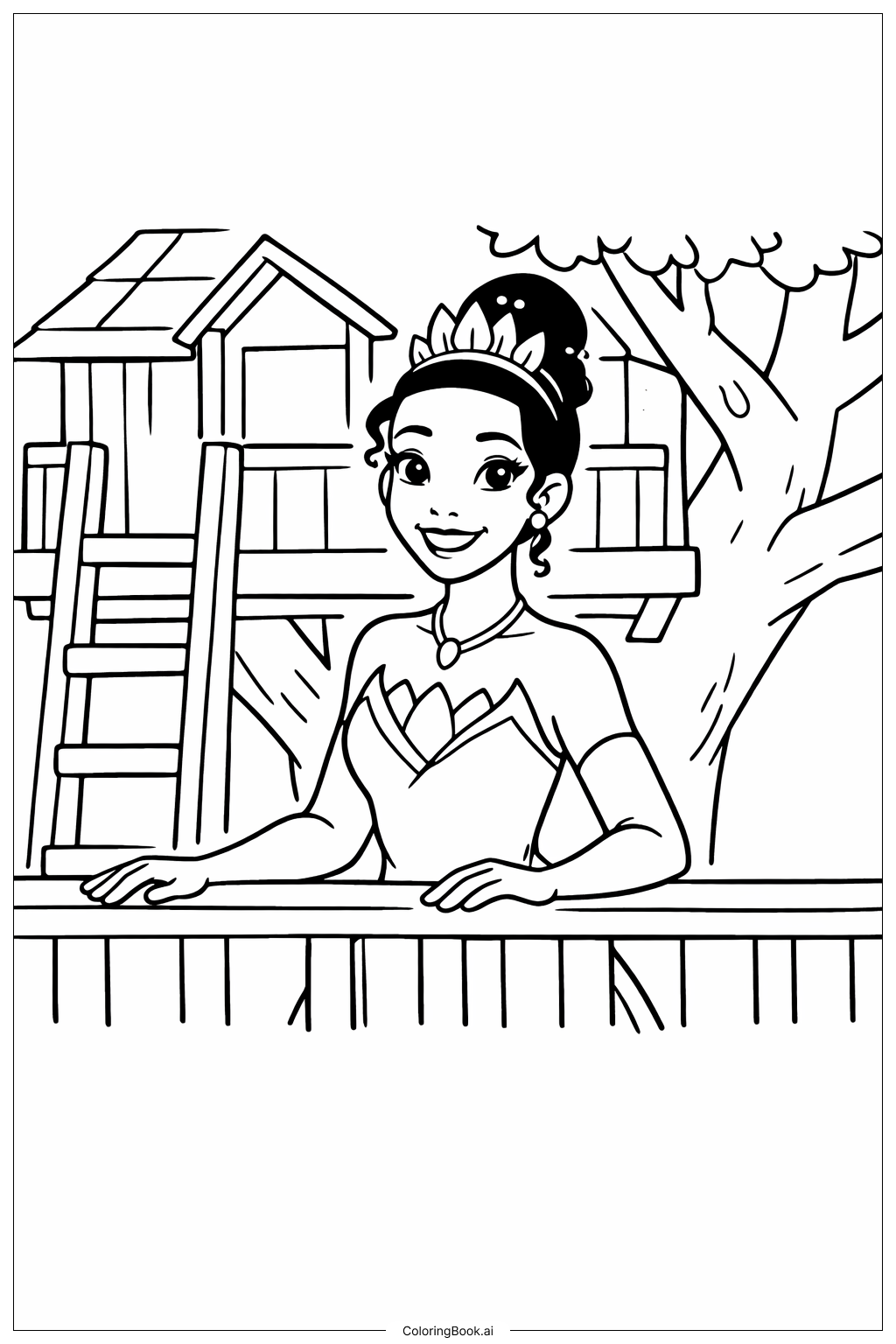  Page de coloriage Tiana à la cabane dans les arbres 