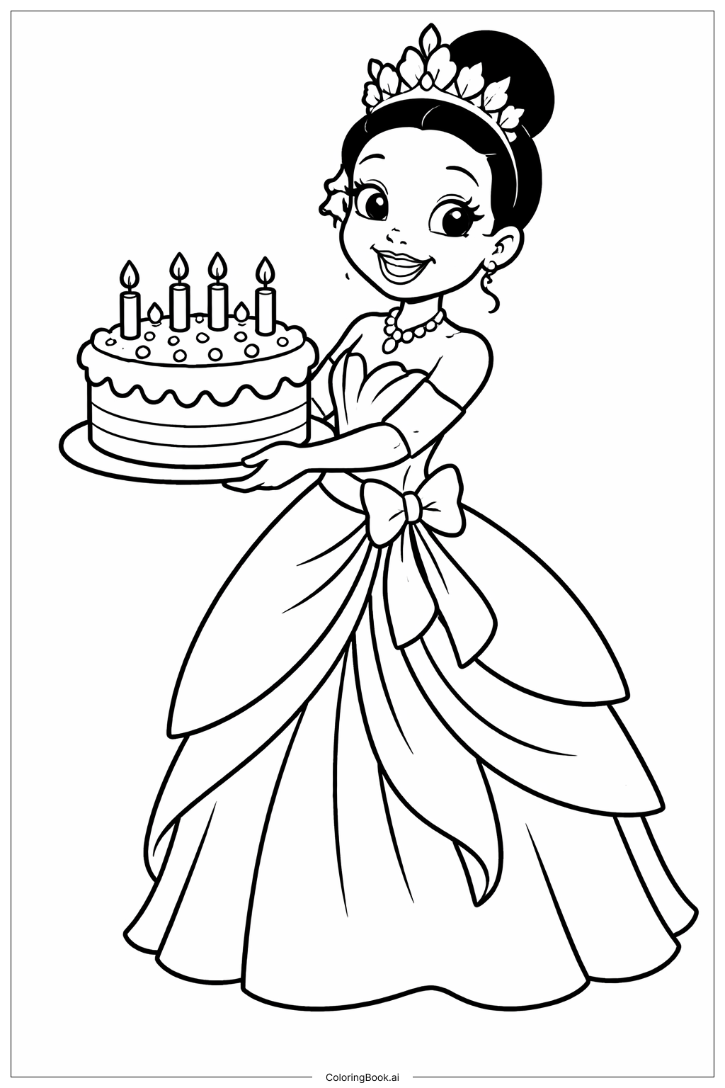  Page de coloriage Tiana prépare un gâteau 