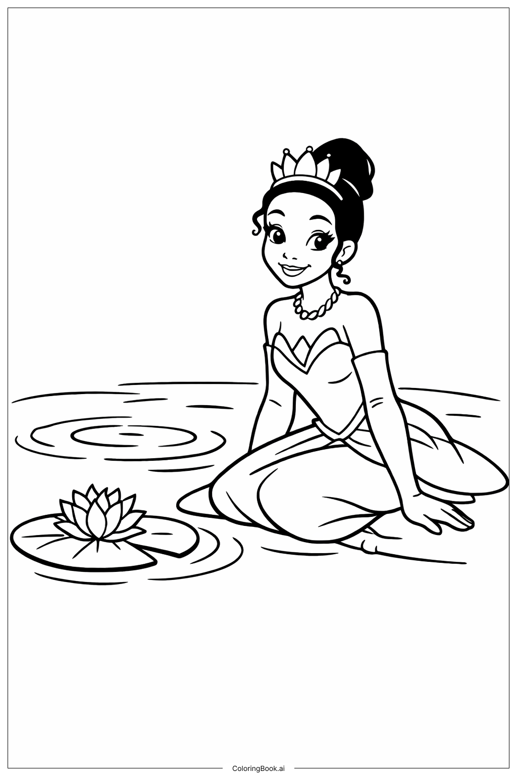  Page de coloriage Tiana au bord de l'étang 