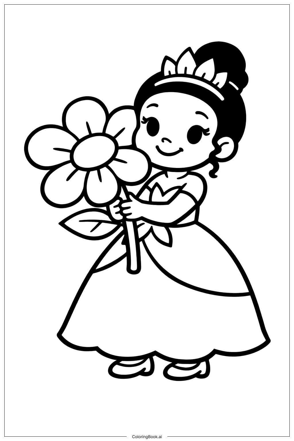  Page de coloriage Tiana tenant une fleur 