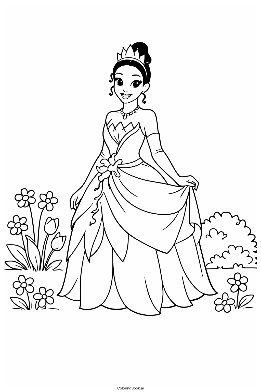  Page de coloriage Tiana dans le jardin 