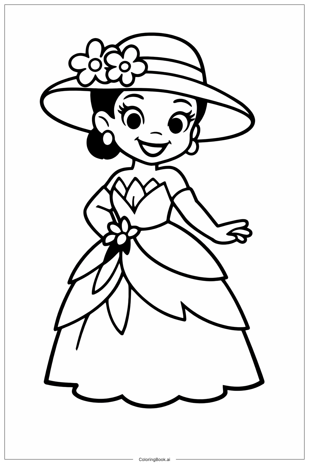 Page de coloriage Tiana avec chapeau 