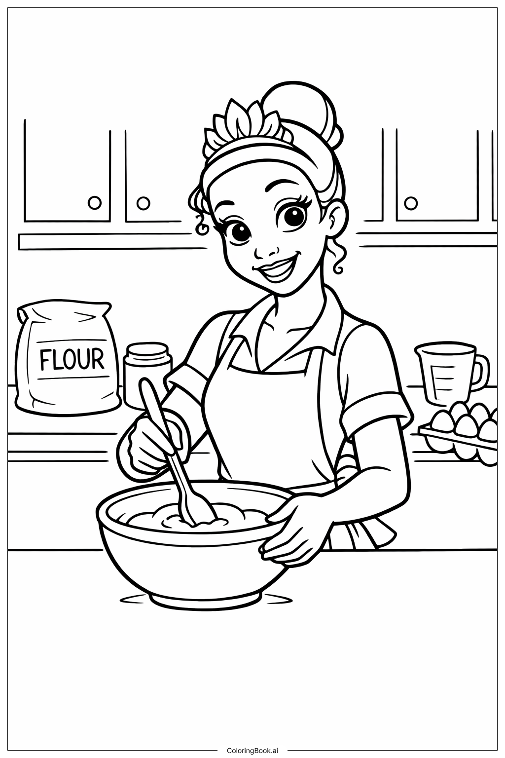  Page de coloriage Tiana en cuisine 
