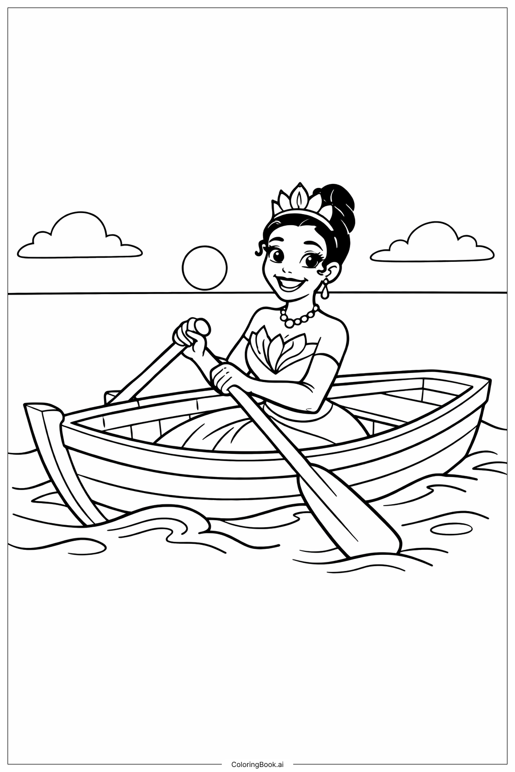  Page de coloriage Tiana sur le bateau 