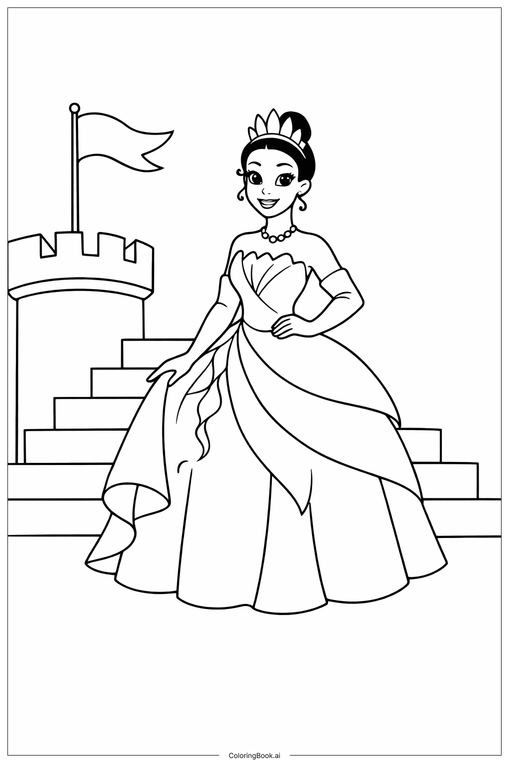 Tiana sur les marches du château