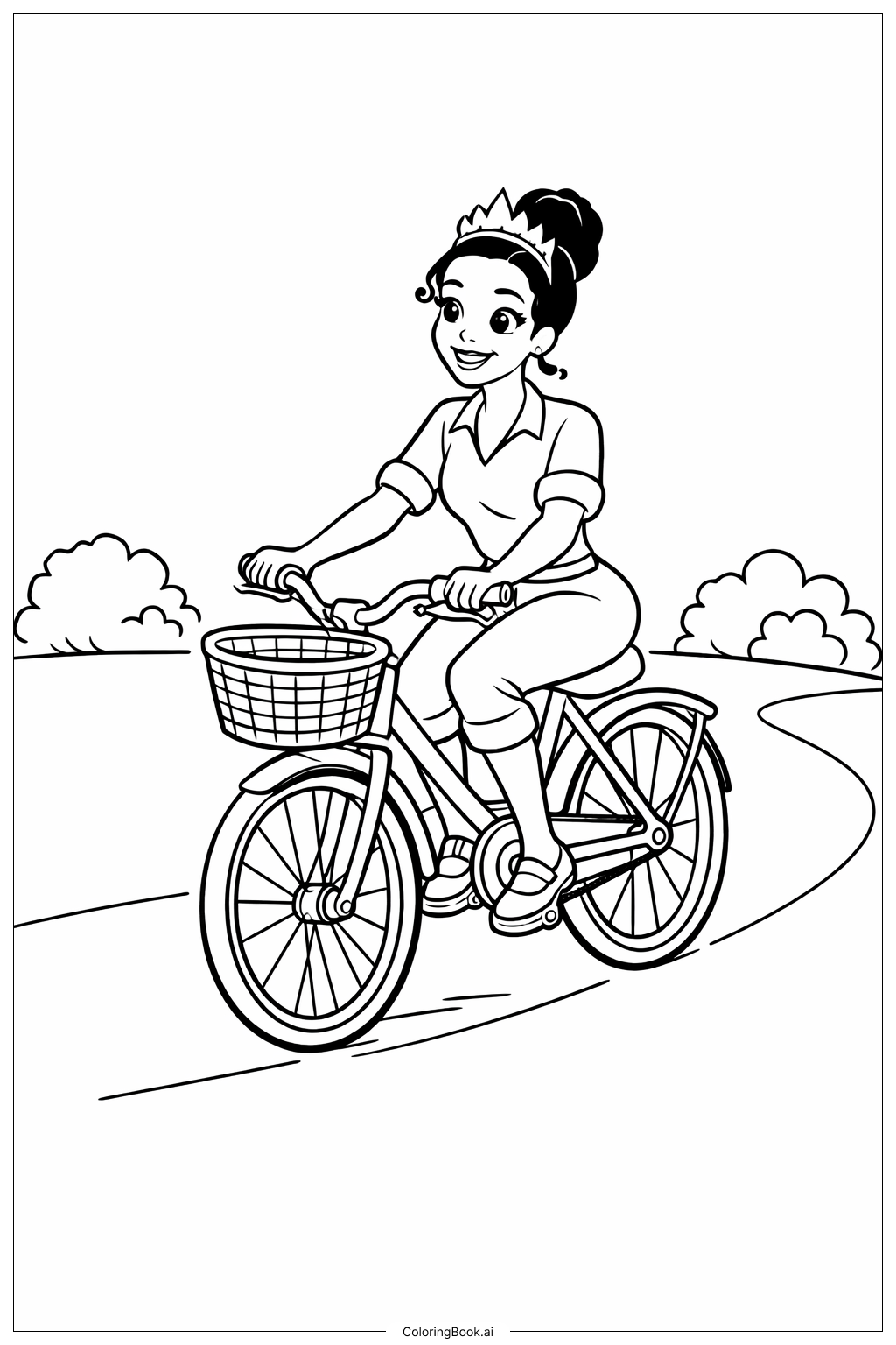  Page de coloriage Tiana fait du vélo 