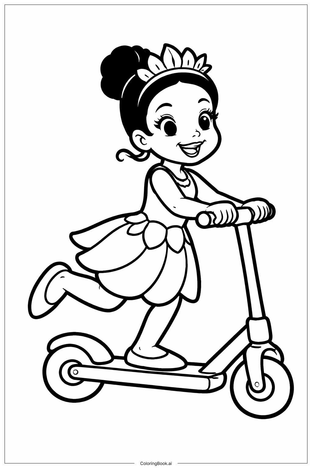  Page de coloriage Tiana fait de la trottinette 