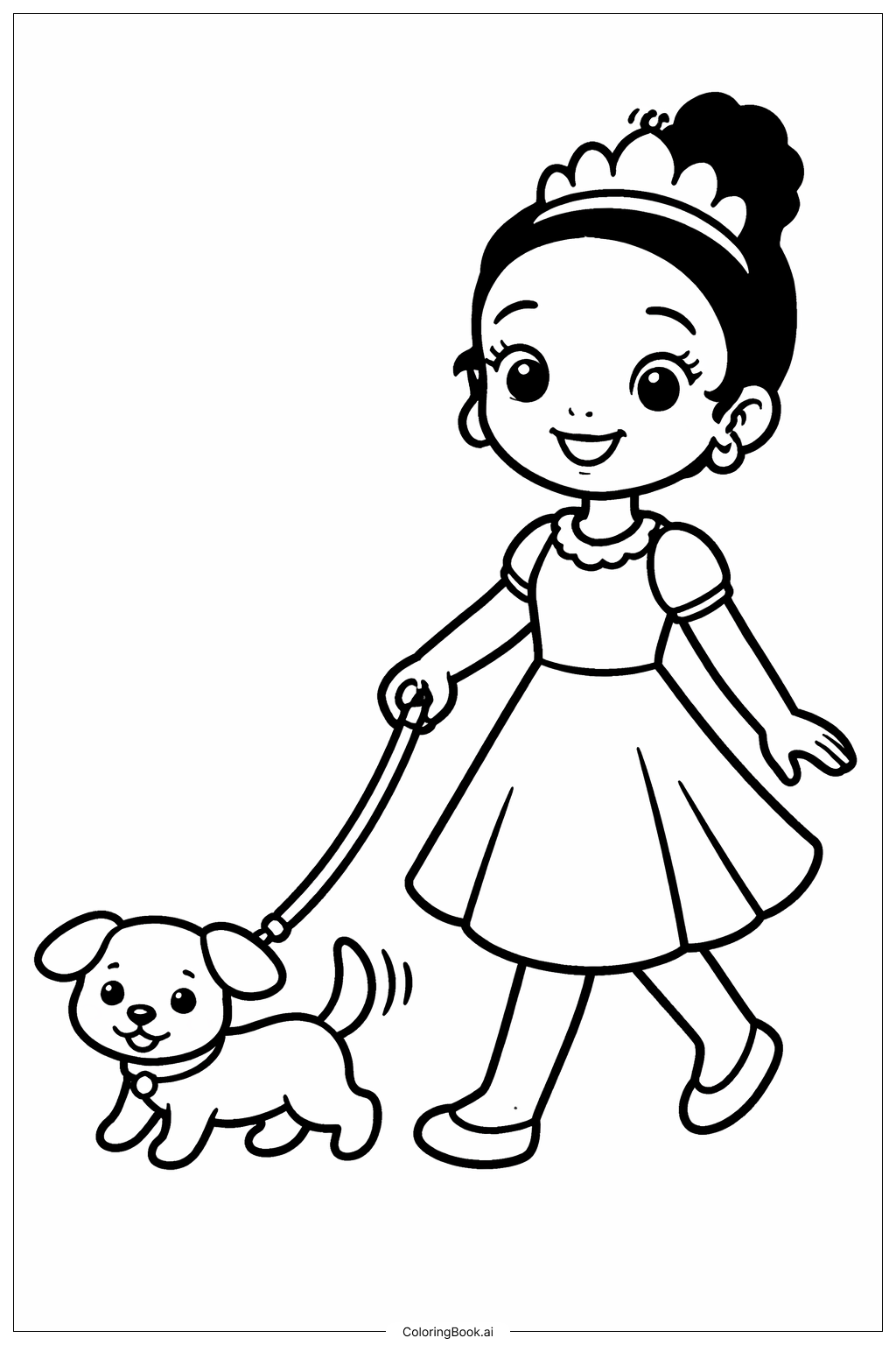  Page de coloriage Tiana Promène Son Chien 