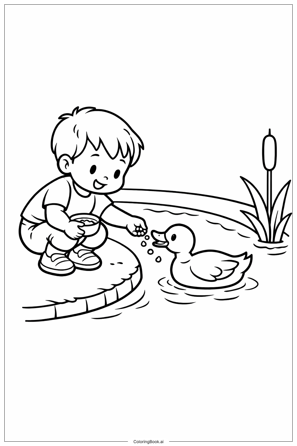  유아가 오리를 먹이는 모습 색칠공부 페이지 