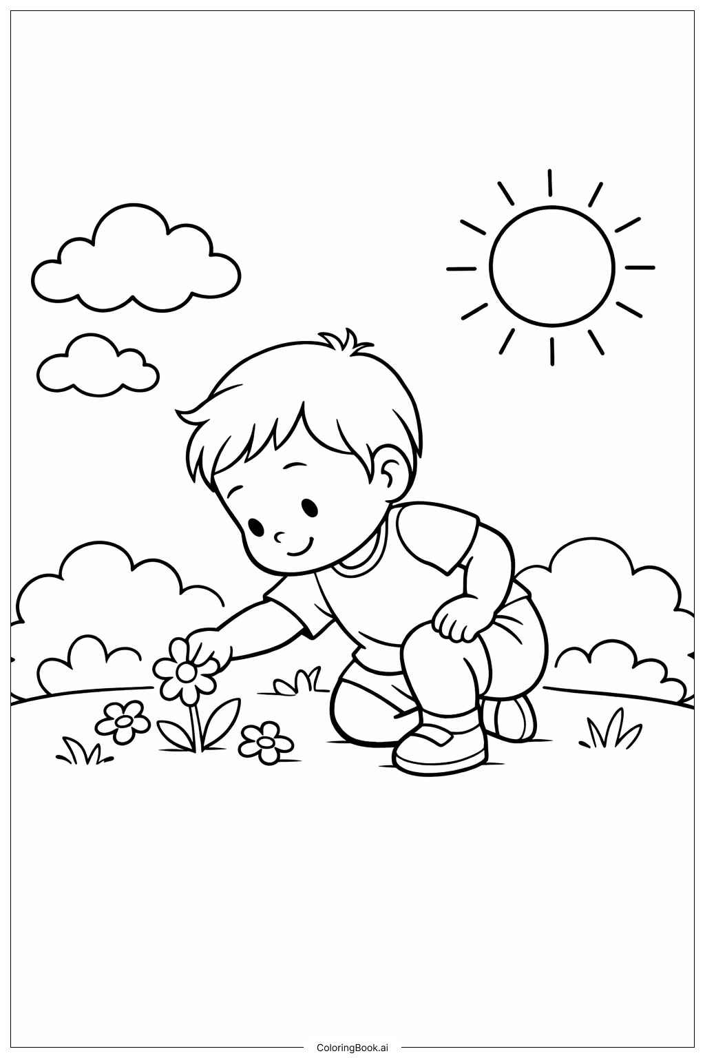 Página para colorear de Niño pequeño recogiendo flores