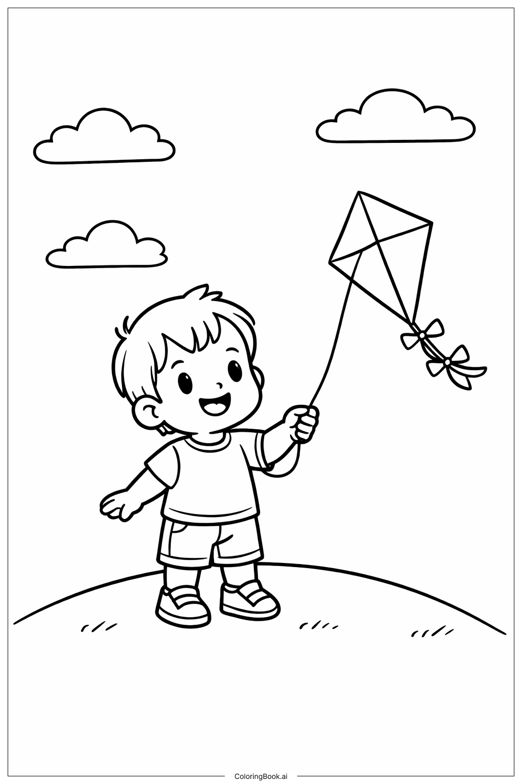  Page de coloriage Tout-petit jouant avec un cerf-volant 