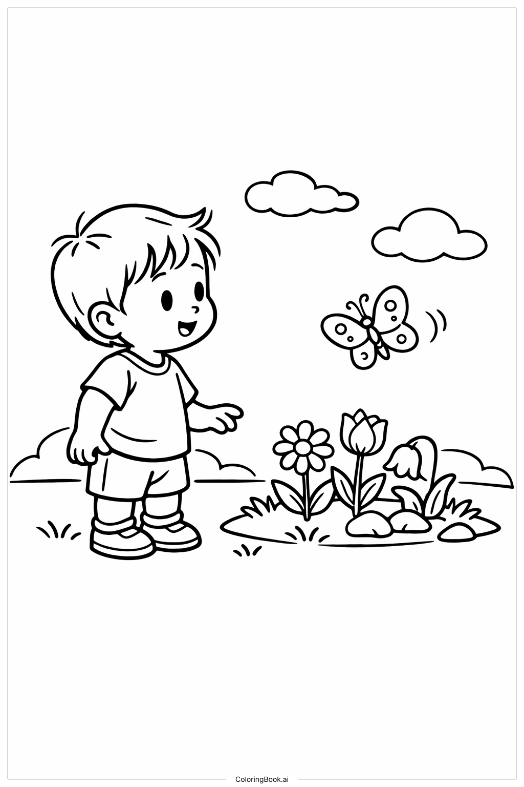 Trang tô màu Trẻ Mới Biết Đi Xem Bướm