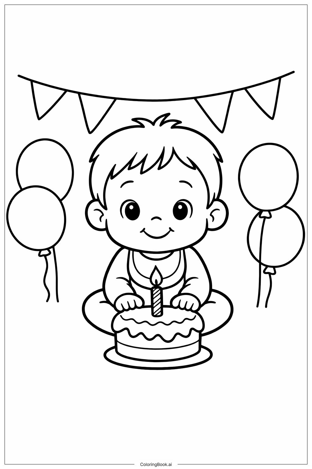 Página para colorear de Niño pequeño con pastel de cumpleaños