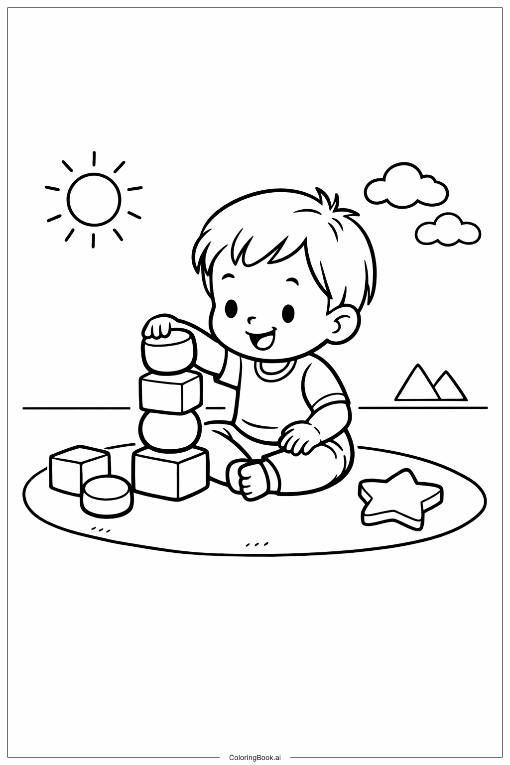  堆積木的幼兒著色頁 