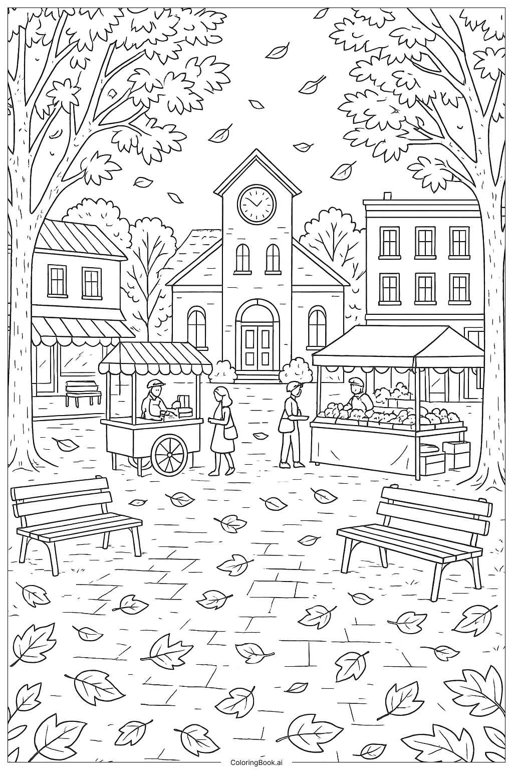 Página para colorir de Praça da Cidade Folhas de Outono