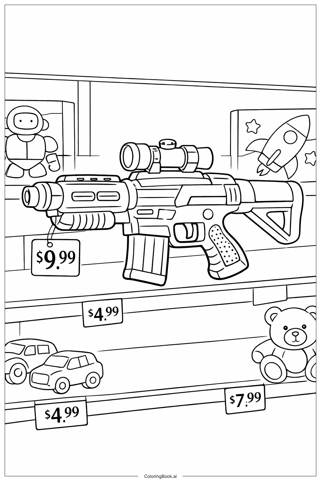  Page de coloriage Étagère à jouets avec pistolet 