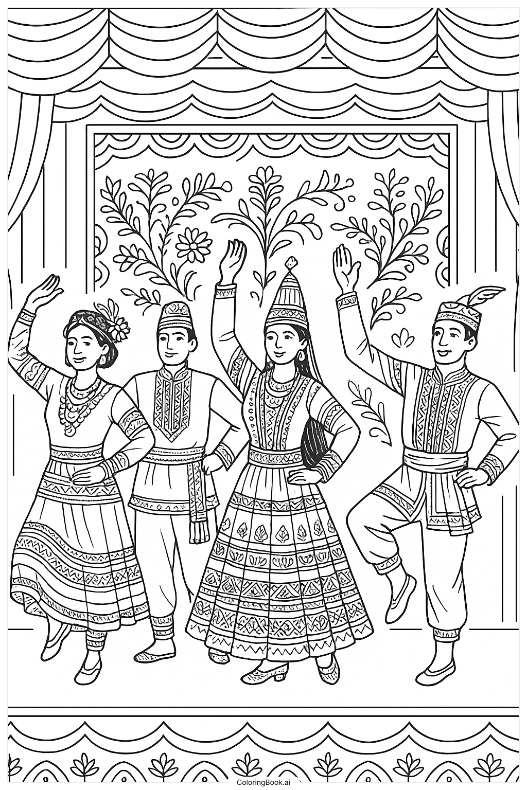  伝統文化舞踊団の塗り絵ページ 