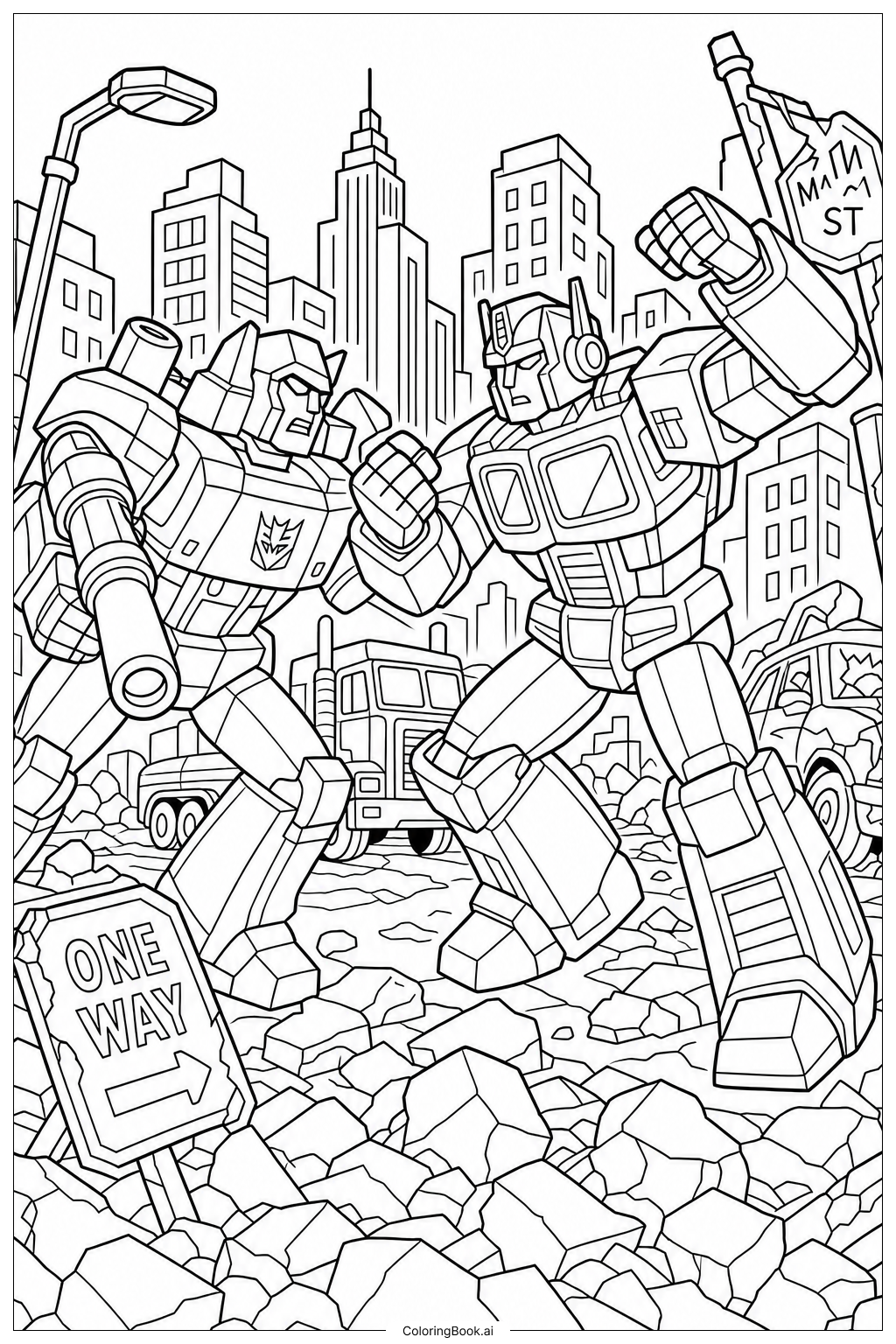  Trang tô màu Trận Chiến Của Transformers Trên Đường Phố 