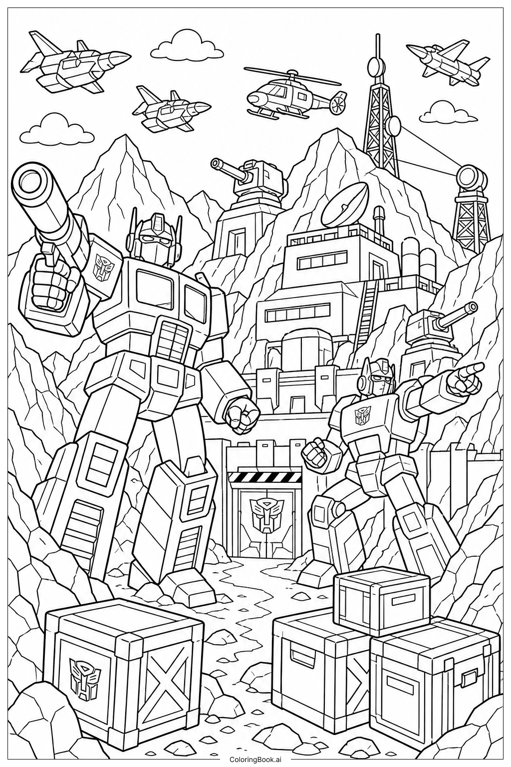  Trang tô màu Transformers Tấn Công Căn Cứ Núi 