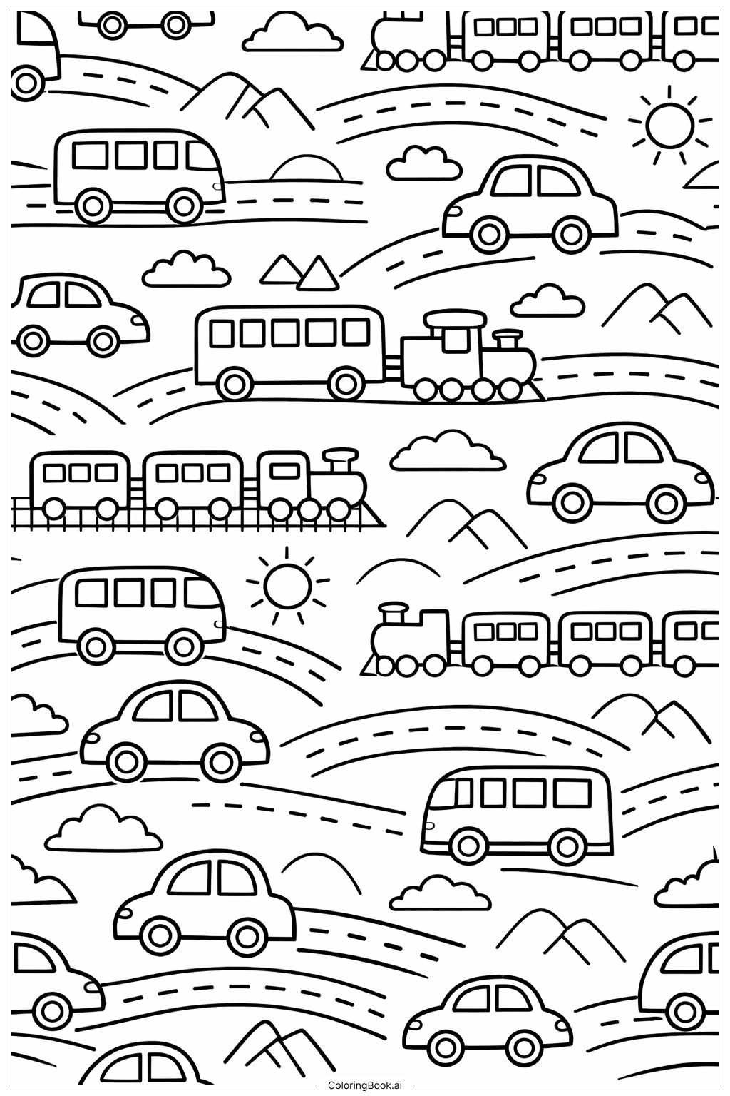  带车辆的交通图案填色页 