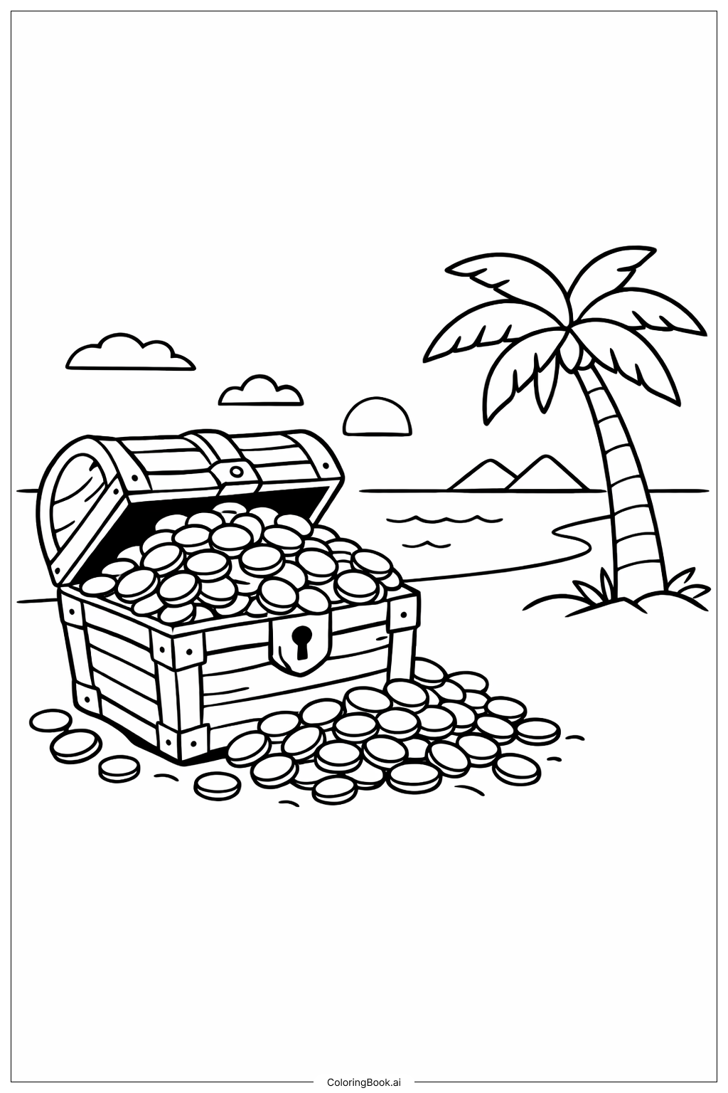  宝箱满满的钱财填色页 