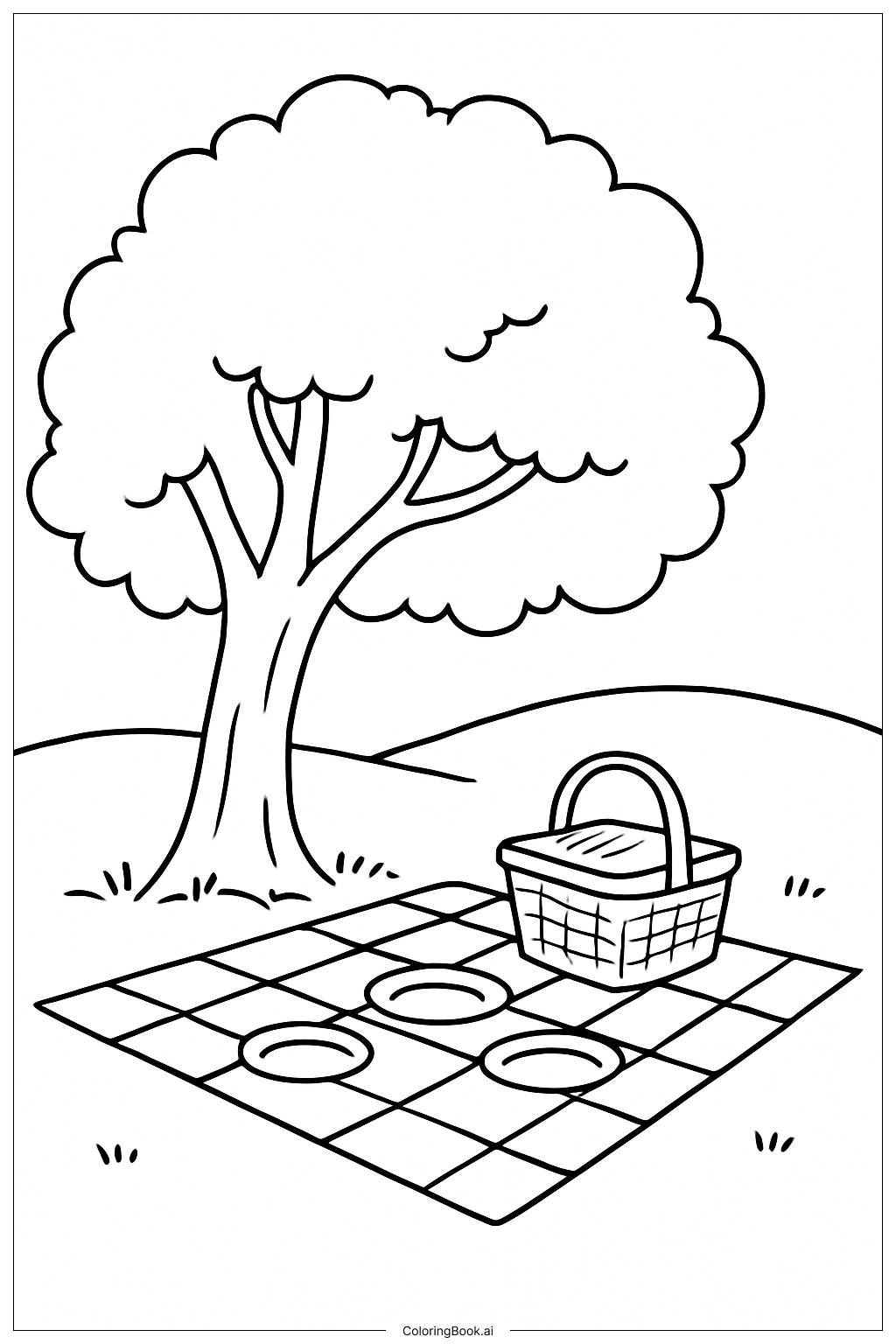 Página para colorir de Árvore com Manta de Piquenique