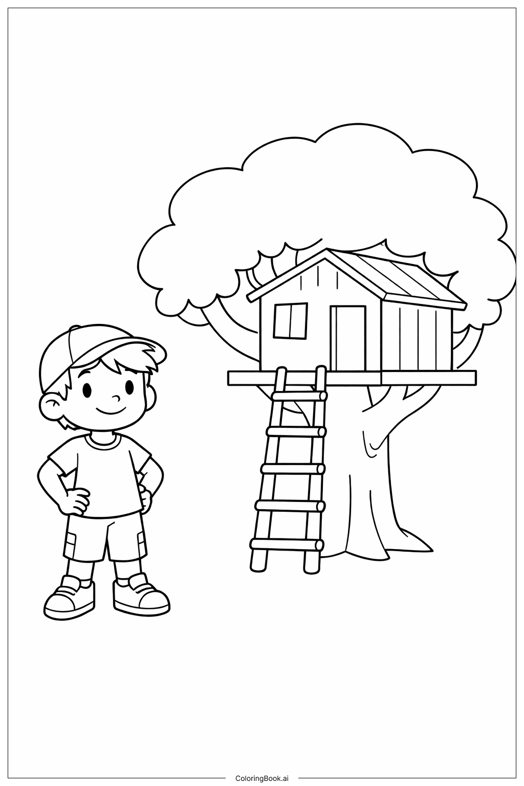  ツリーハウスの冒険キャラクターの塗り絵ページ 