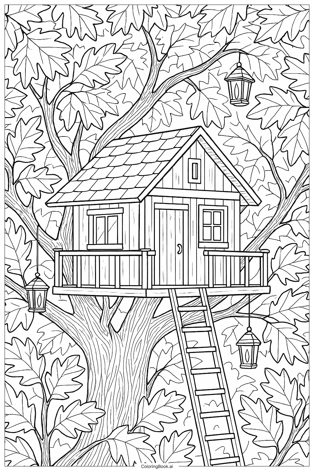 Página para colorir de Casa na Árvore Entre Folhas de Outono