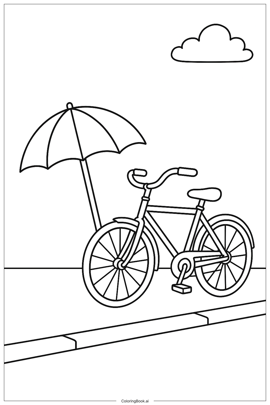 Página para colorear de Paraguas y Bicicleta