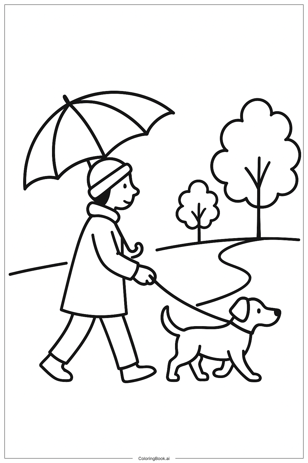 雨傘與狗散步著色頁