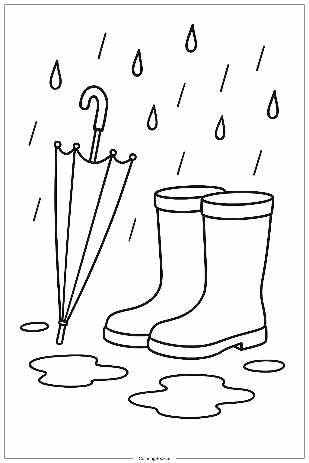  傘と長靴の塗り絵ページ 