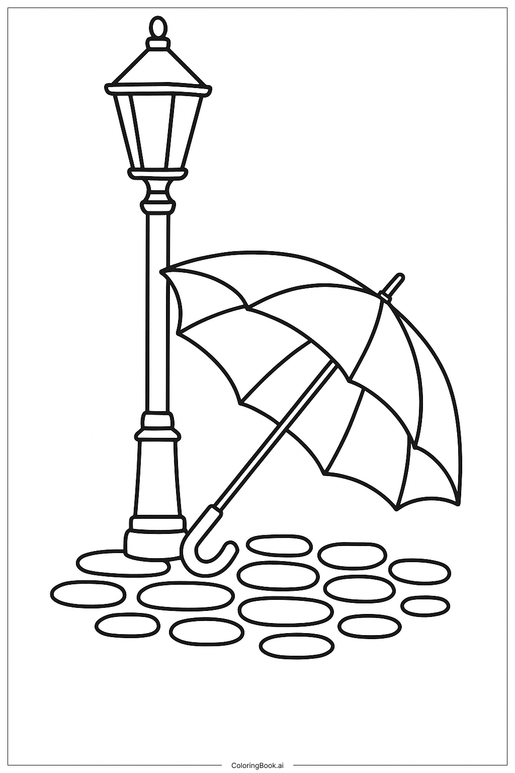  雨伞和路灯填色页 