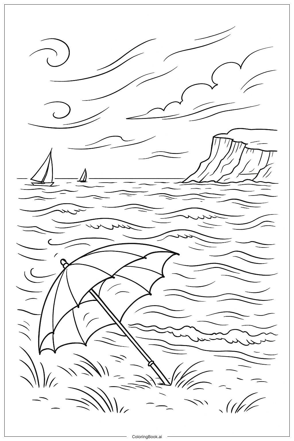 海边风大雨伞场景填色页