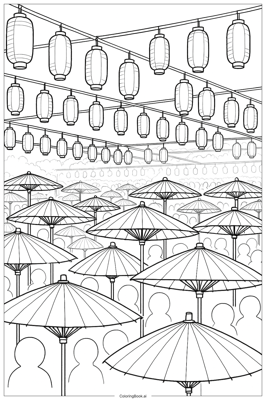 Página para colorear de Festival de Sombrillas con Faroles