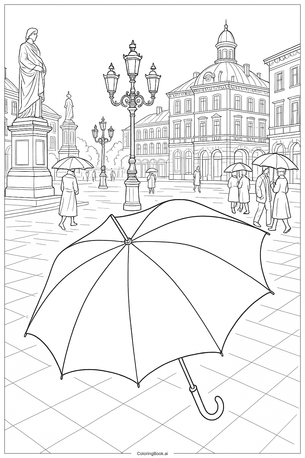 复古城市广场的雨伞填色页