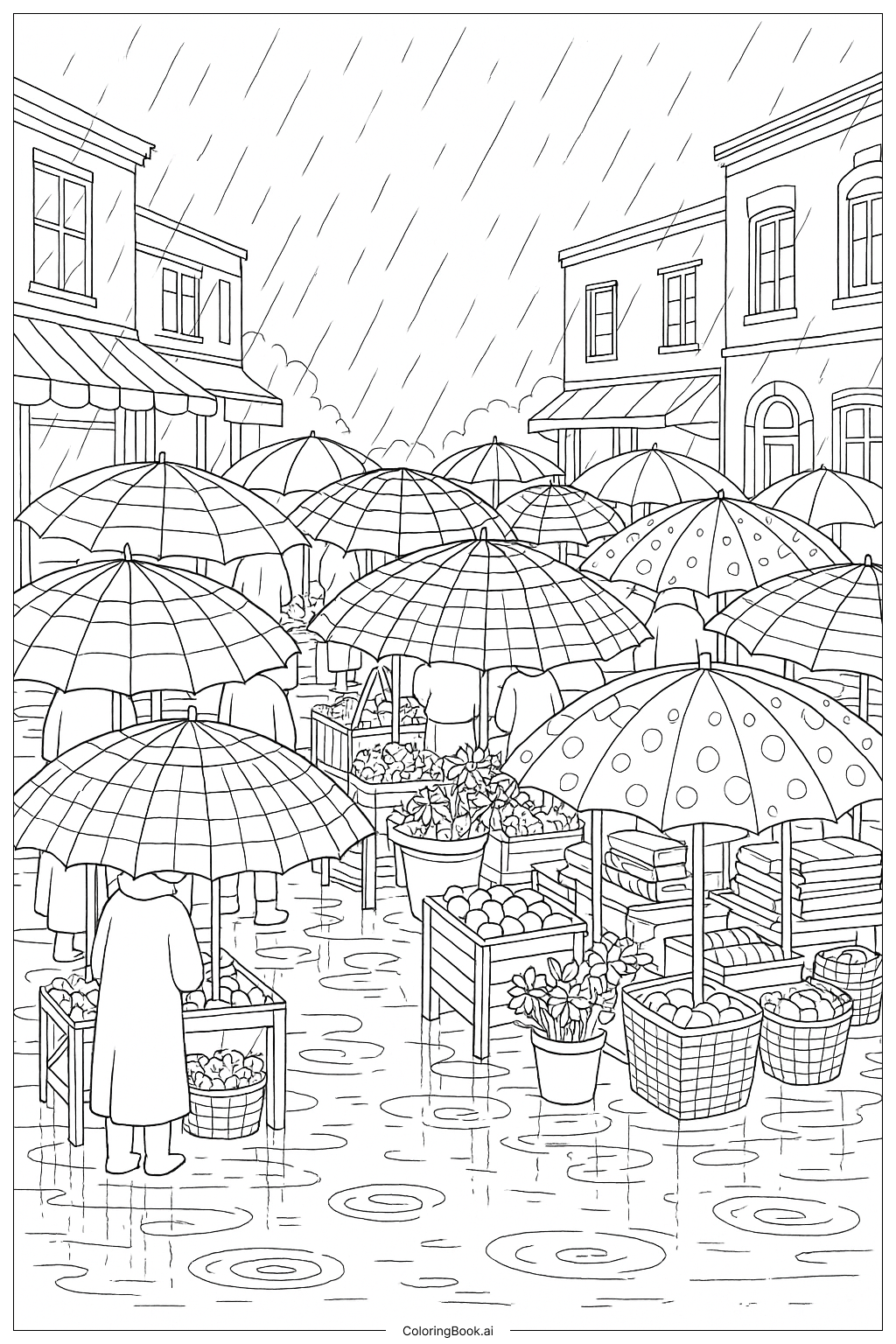  雨天街头的伞市场填色页 