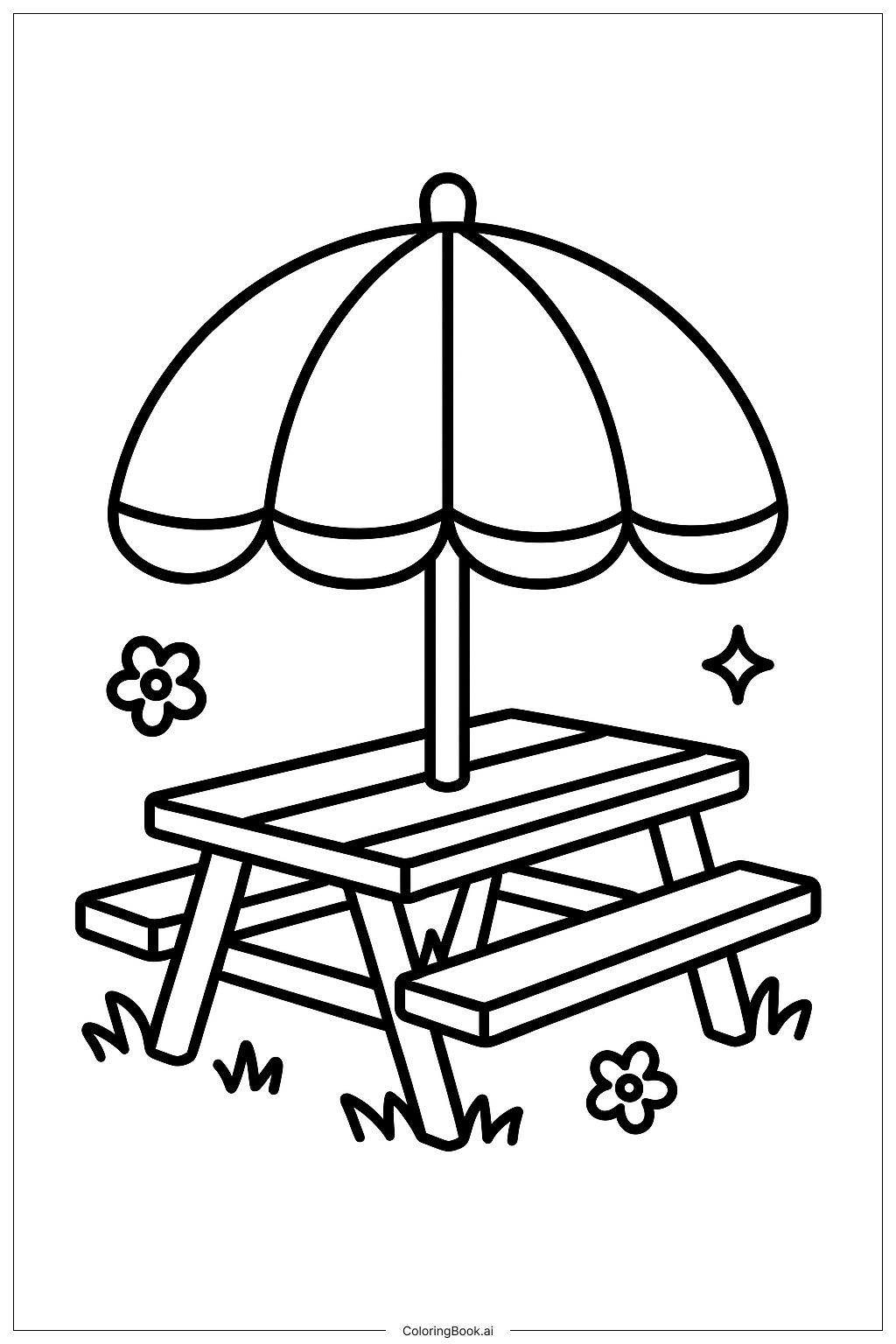Página para colorear de Mesa de picnic con sombrilla