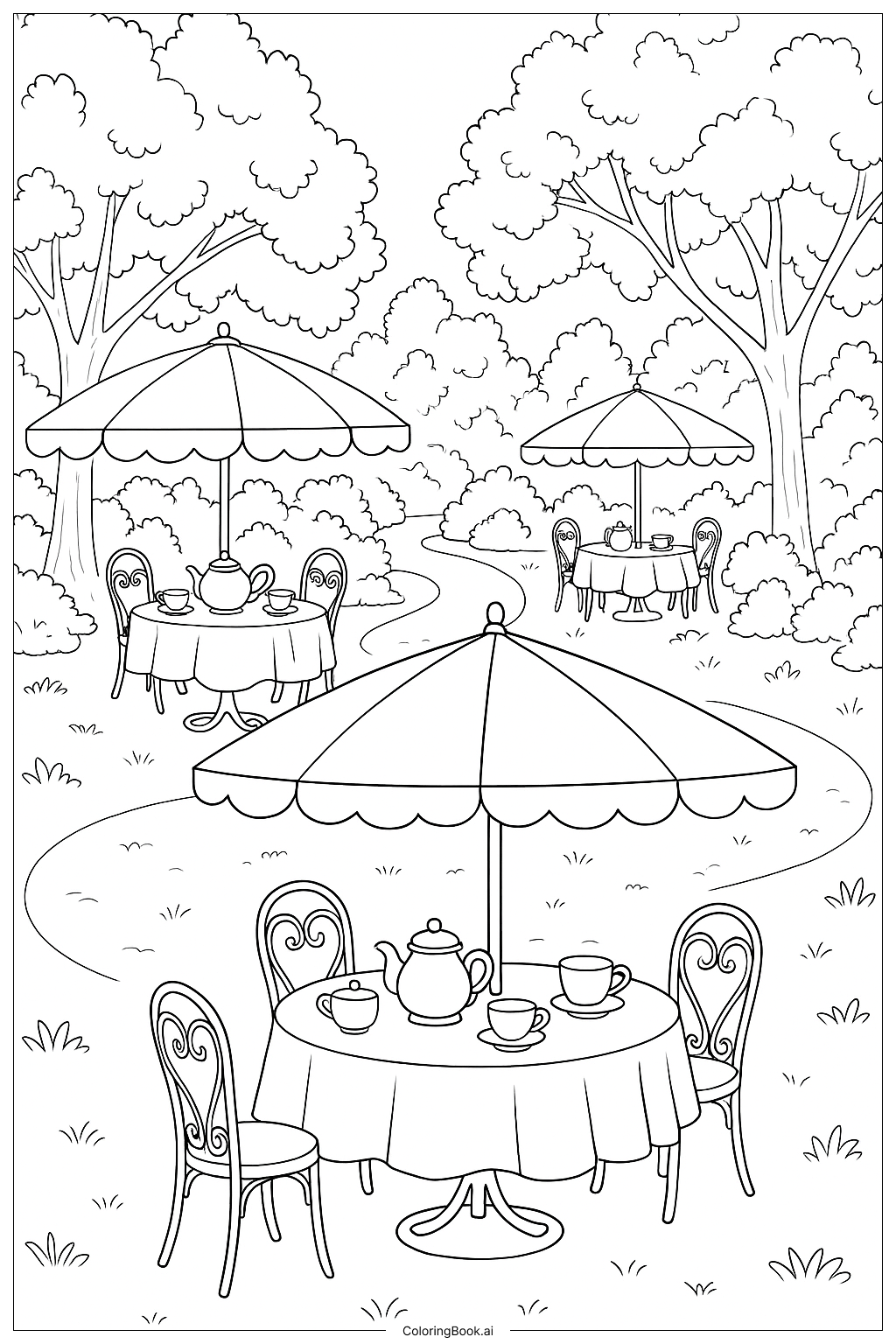 Página para colorear de Fiesta de Té con Sombrillas en el Jardín
