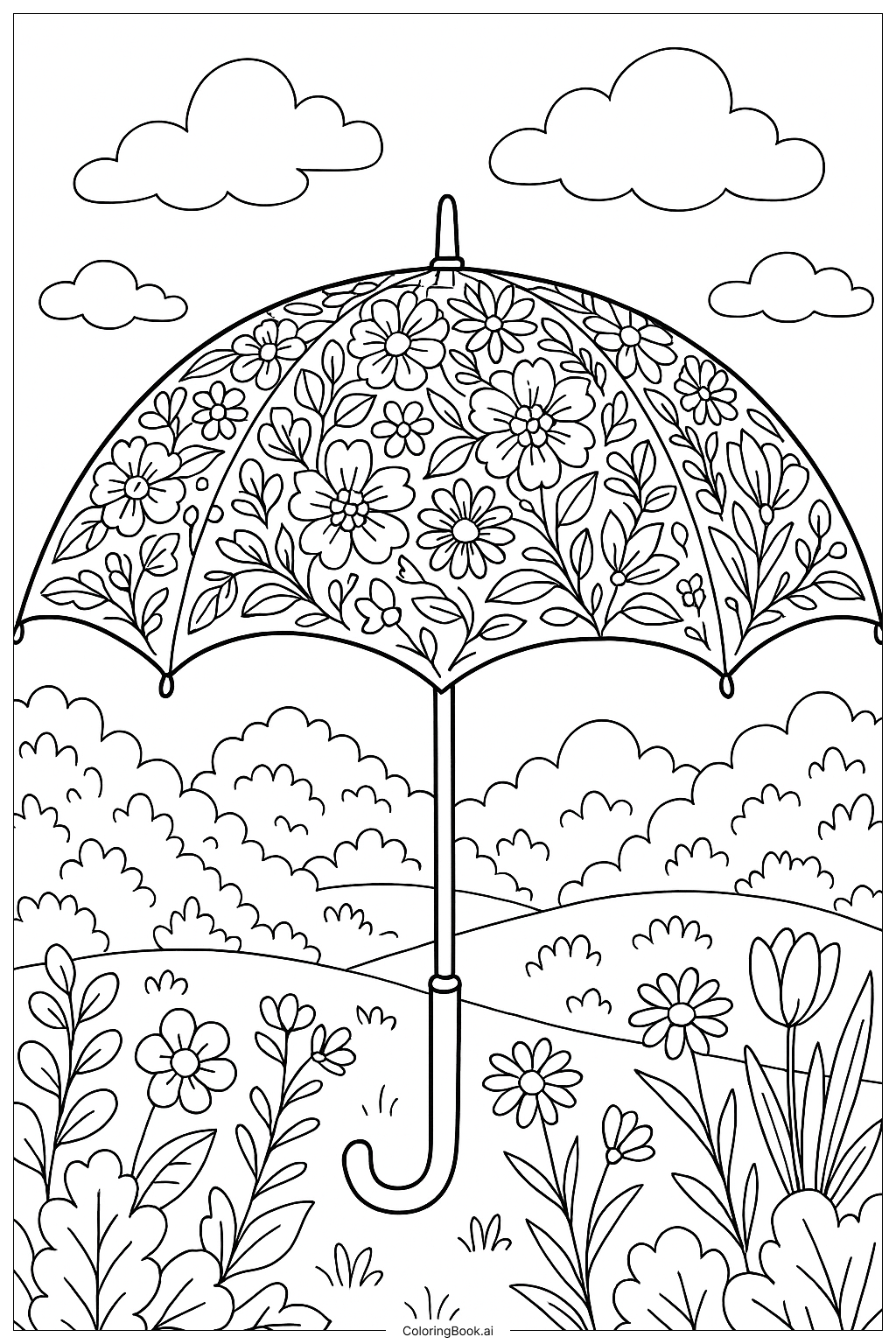 Página para colorear de Escena de Paraguas con Dosel Floral