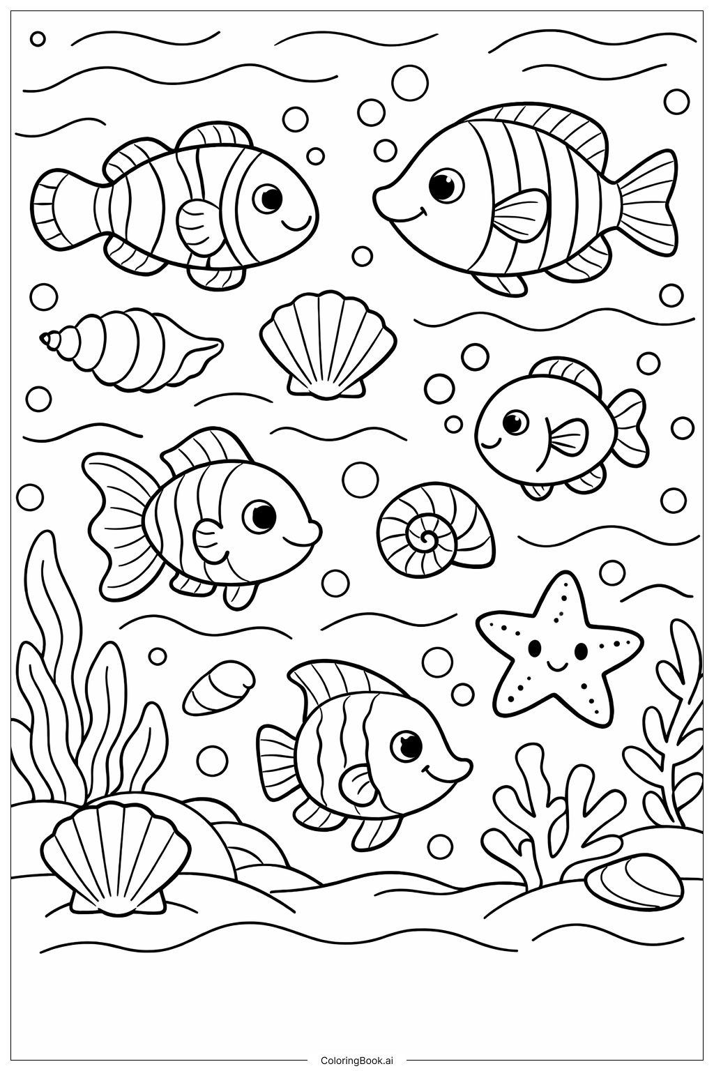  海底鱼群图案填色页 