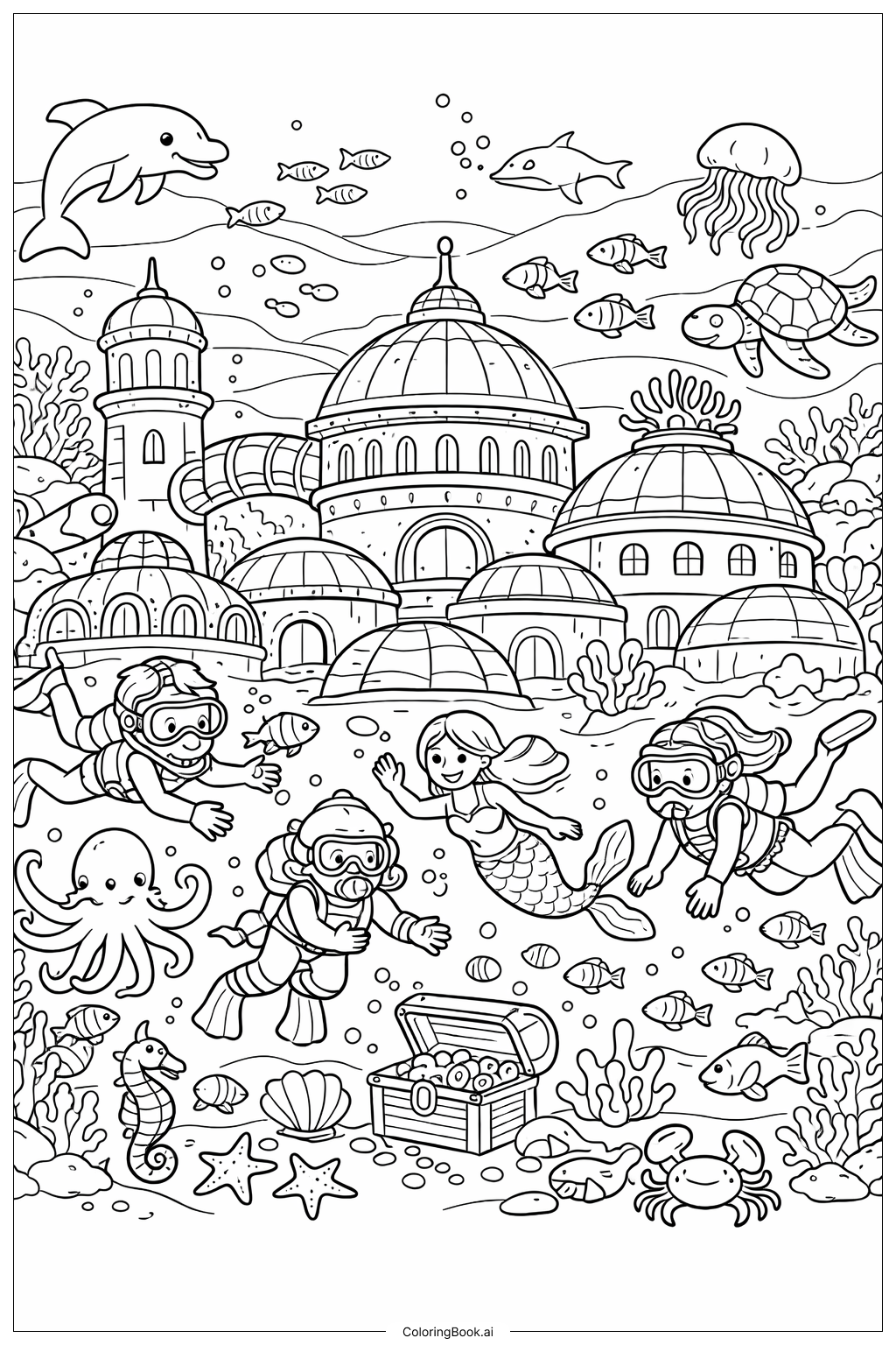 수중 도시 낙서 장면 색칠공부 페이지