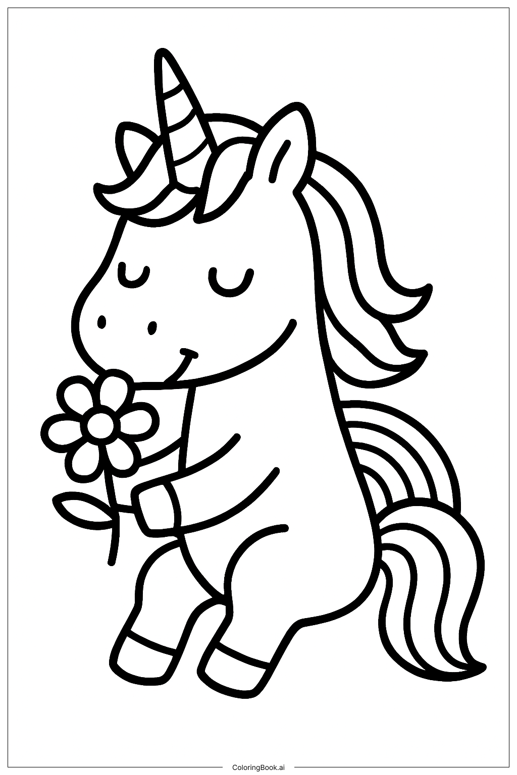花を持つユニコーンの虹の塗り絵ページ