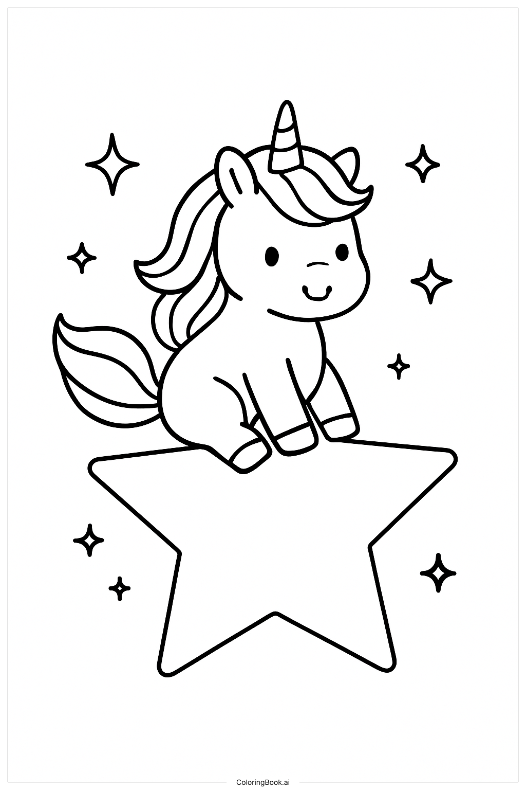 Trang tô màu Ngựa Một Sừng Cưỡi Cầu Vồng Trên Ngôi Sao