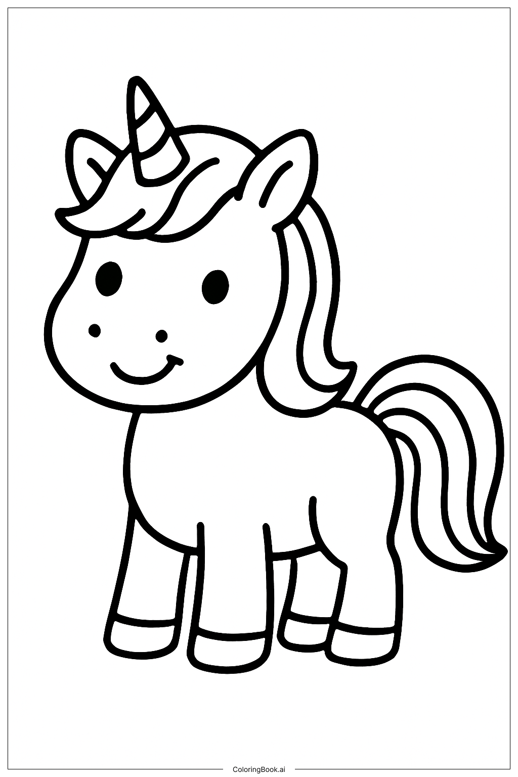 ユニコーンの虹色の笑顔の子馬の塗り絵ページ