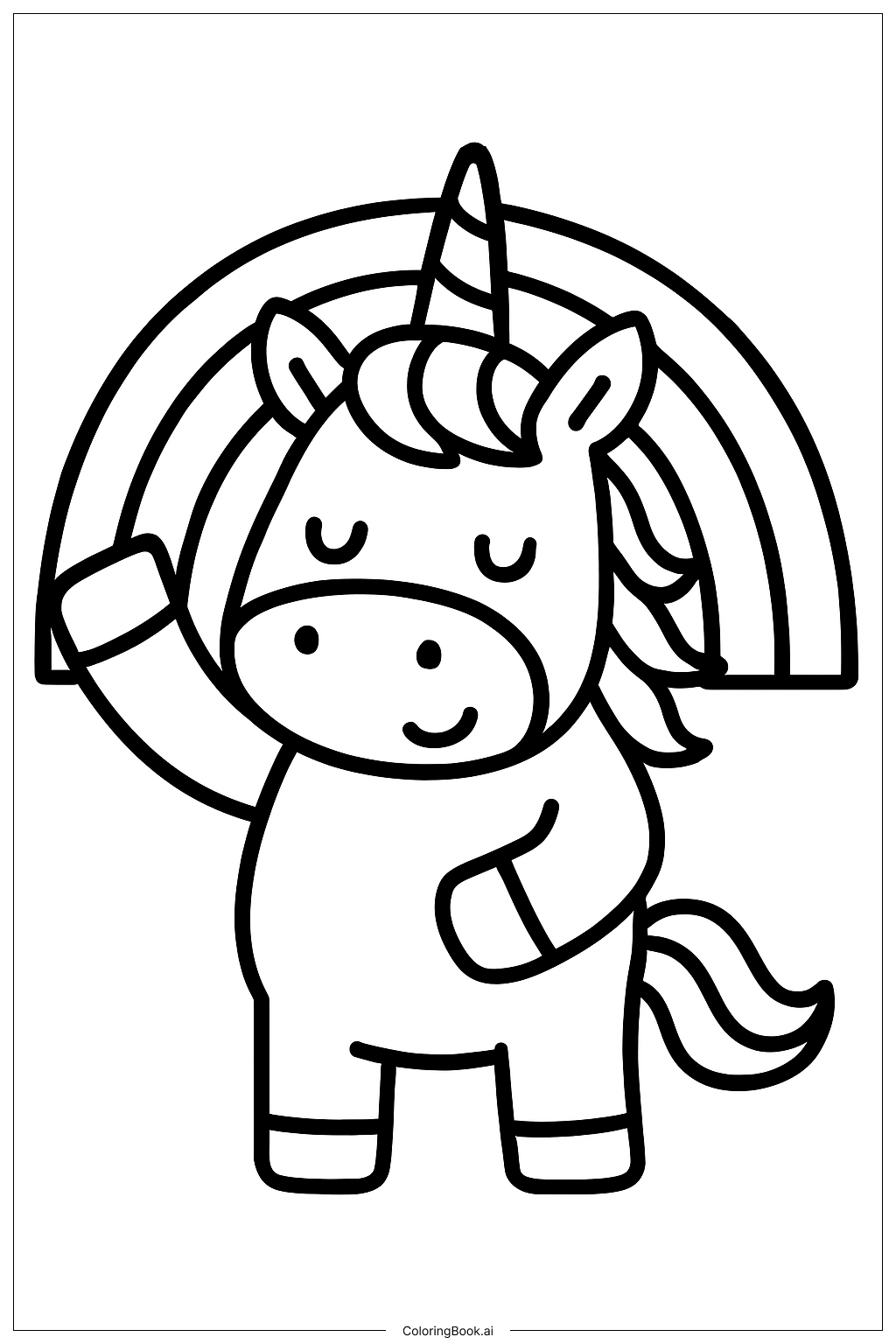 ユニコーンの虹の手振りの塗り絵ページ
