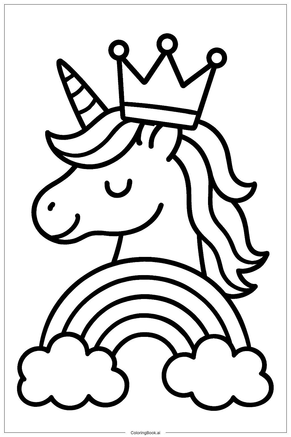 王冠をかぶったユニコーンの虹の塗り絵ページ