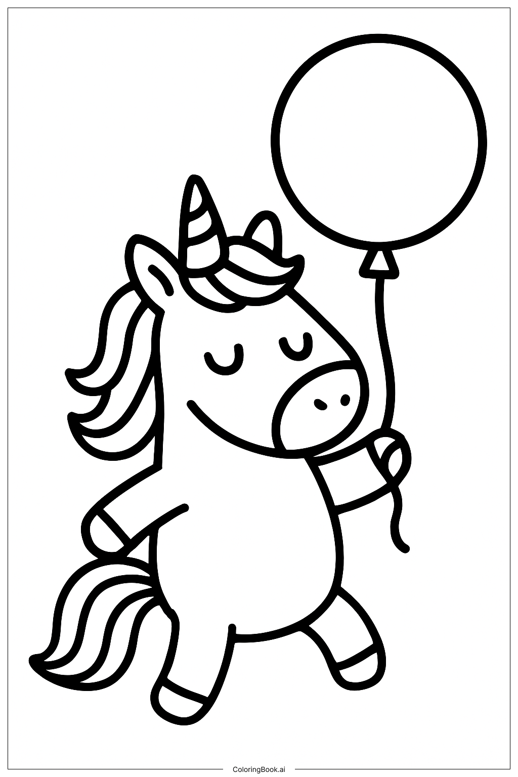 風船を持つユニコーンの虹の塗り絵ページ